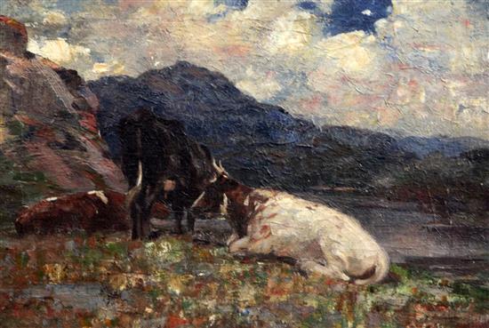 Andrew Douglas (1871-1935) Cattle beside a loch 14.5 x 21.5in.